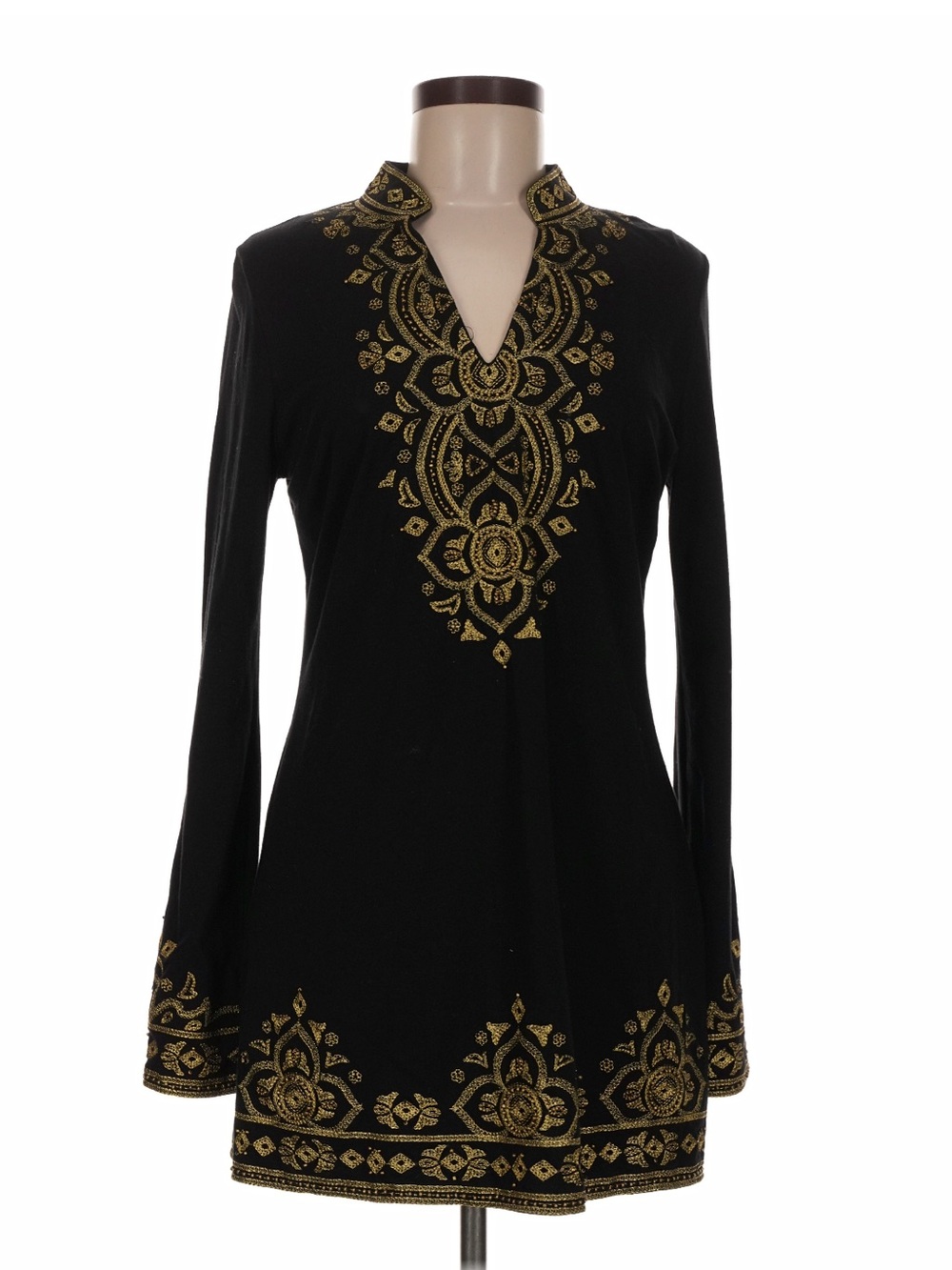 INC Black Gold Embroidered Long Sleeve Tunic Top Med. Romantic Elegant Feminine
